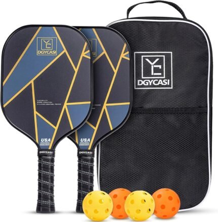 YC DGYCASI Paddles Set of 2, USAPA Approved Carbon Fiber Surface Set, Lightweight Pickle Ball Rackets 2 Pack, 2 Outdoor & 2 Indoor Pickleball, 1 Pickleball Bag (Golden.)